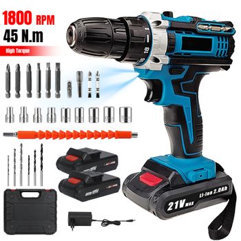 Taladro Atornillador Inalámbrico de 21V, 2 Baterías de 1300mAh y 24 Accesorios, Juego de Destornillador Eléctrico de 0-1350 RPM con Luz LED