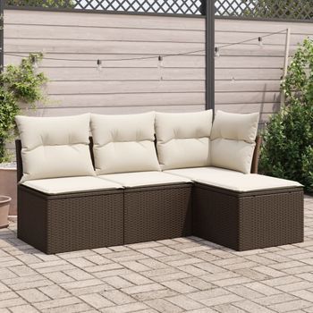 Conjunto De Sofás De Jardín 4 Uds | Mueble Jardin Mesa Y Sillas Y Cojines Ratán Sintético Marrón Cfw911348
