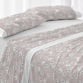 Juego De Sábanas 100% Algodón Extrasuave Diseño Toile De Jouy Agua 135 X 190/200 Cm - Nude - Burrito Blanco