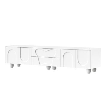 Mueble Tv Blanco Mate De 180x40x42 Cm Con Cuatro Puertas Y Dos Cajones