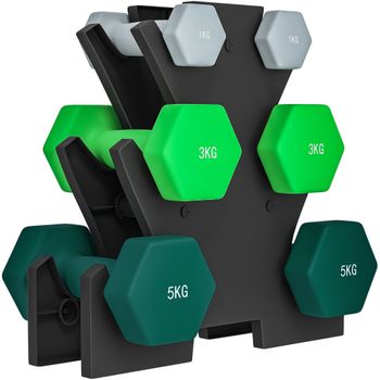 SPORTNOW Set de Pesas Hexagonales de 18 kg en Total con Soporte Incluido, en Acero, Metal y Plástico, Multicolor