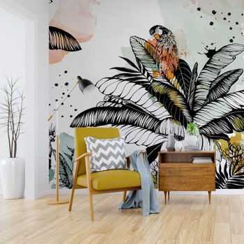 Papel pintado panorámico paisaje de jungla y loro, verde 375
