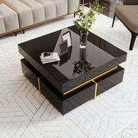 mesa de centro negra de 70 x 70 cm con dos cajones y detalles dorados