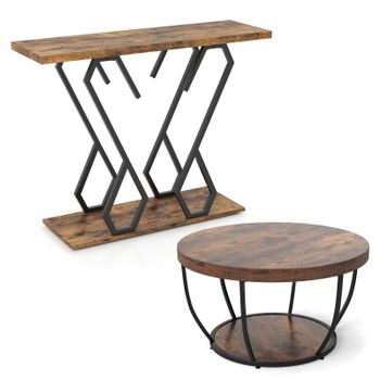 Costway Set de 2 Piezas Mesa Café 2 Niveles 80cm Almacenaje y Mesa Consola Madera con Almohadillas Ajustables para Pasillo Marrón Rústico