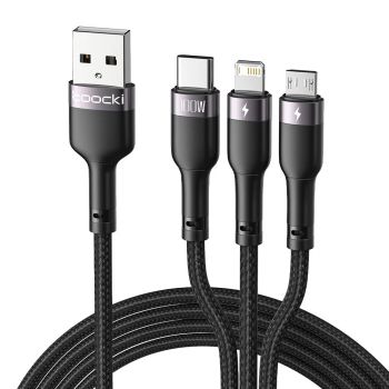 Toocki TQ-X61 6A 100W cable USB-A a iP/Micro/Type-C carga rápida transmisión de datos núcleo de cobre de 1,2 m de largo