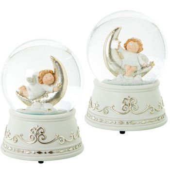 Set 2 Bola Nieve Con Figura Angel Blanco Y Plateado