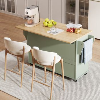 Isla De Cocina Con Ruedas Y Encimera Plegable, Verde, 138 X 70 X 92 Cm
