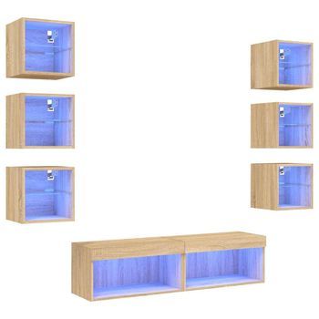 Muebles Tv | Mueble De Salón | Gabinete De Tv Pared Con Led 8 Pzas Madera Ingeniería Roble Sonoma