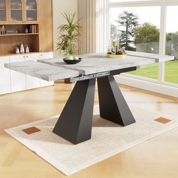 Mesa De Comedor Extensible - Tablero Efecto Mármol - Mdf Y Metal - Gris + Negro