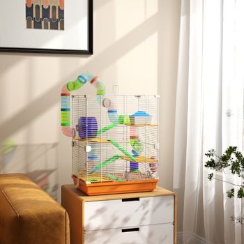 PawHut Jaula de Hámster con Túnel Plataformas Cuenco Bebedero Casita Rampas y Rueda de Ejercicio 46x30x58 cm