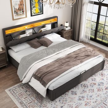 Cama Doble Tapizada Con Iluminación Led, Almacenamiento Hidráulico, Cajones, Cabecero Abatible, Marco De Metal, Lino, Gris, 160x200 Cm