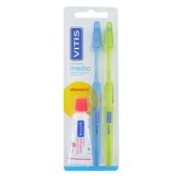 pack duplo cepillos medios cabezal normal  15ml pasta