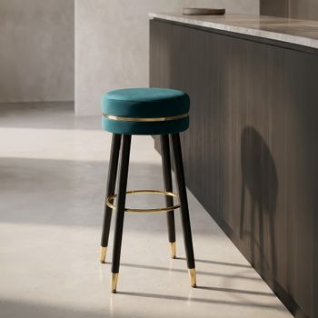 Silla de bar redonda de tela azul con patas de madera ø cm 35x74