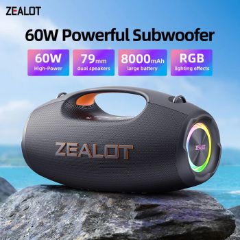 Altavoz Bluetooth portátil Zealot-S86 de 60 W, resistente al agua (IP67) para uso en exteriores, con una autonomía de hasta 20 horas y un sonido potente, ideal para acampar y fiestas.