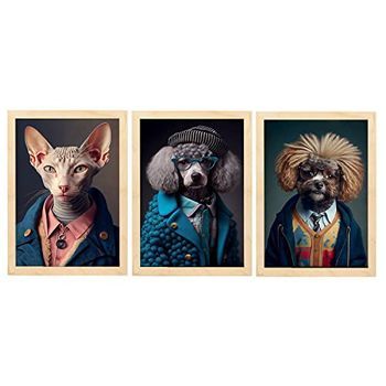 Set De 4 Posters Sofisticado En Estilo Fotografía A Todo Color Divertidas Ilustraciones Realistas De Animales Con Ropa Humana Diseño Y Decoración De Interiores A3 Marcos Madera Clara Nacnic