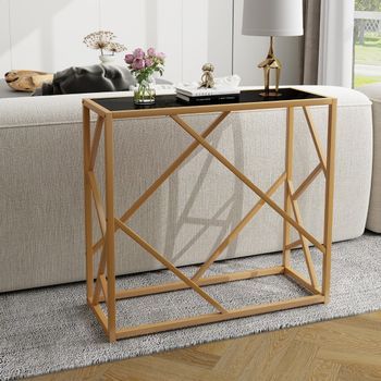 Mesa De Consola Vidrio Templado Marco Metal Diseño Geométrico 80x30x75 Cm Negro