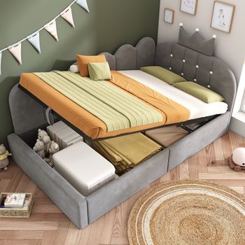 Cama Con Almacenamiento De 90 X 190 Cm Con Cabecero En Forma De L Con Diseño De Corona Y Celosía - Tapizado En Terciopelo - Gris