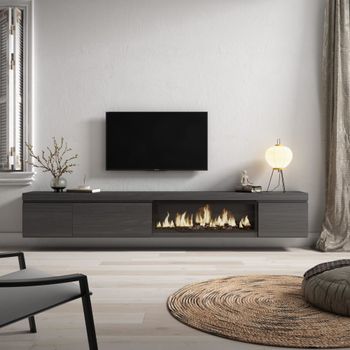 Mueble tv efecto madera negro 288x35x45cm chimenea efecto fuego