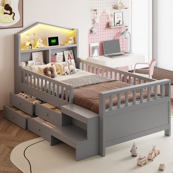 Cama Simple Para Niño 90x200 Cm, Barrera De Seguridad, 4 Cajones, Escalera, Led, Usb Y Tipo-c, Madera Maciza, Somier De Lamas, Gris