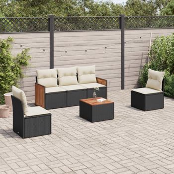 Conjunto De Sofás De Jardín 6 Uds | Mueble Jardin Mesa Y Sillas Y Cojines Ratán Sintético Negro Cfw214930