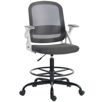 HOMCOM Silla de Escritorio de Malla Silla de Dibujo con Reposabrazos Abatibles Altura Ajustable Reposapiés Gris