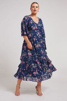 Yours London Vestido Largo Azul Marino De Flores Con Volantes, Mujer Curvy Y Tallas Grandes, Yours London