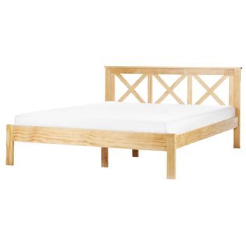 Cama Con Somier De Listones Moderno Cabecero Marrón Claro 160 X 200 Cm Tannay