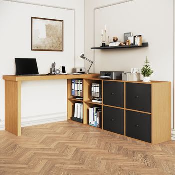 Escritorio Esquinero Giratorio 360 Grados, Mdf Negro Y Roble, 4 Cajones Y 4 Compartimentos