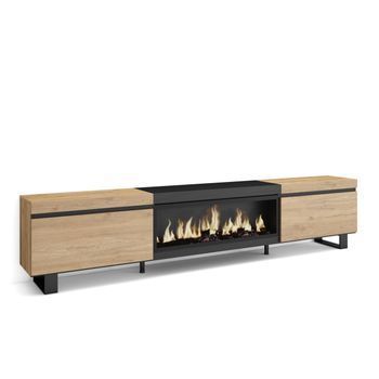 Mueble Tv, Televisión, Muebles De Salón, Almacenaje, 267x57x35 Cm, Para Tv Gran Formato, Chimenea Eléctrica Xxl, Diseño Industrial, Estilo Moderno, Roble Y Negro