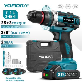 Taladro de impacto eléctrico YOFIDRA 25+3 Torque, taladro de impacto inalámbrico 3 en 1, herramienta eléctrica para carpintería doméstica, compatible con batería Makita.