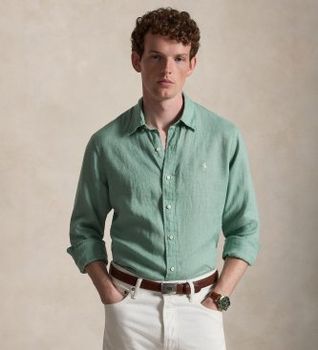 Polo Ralph Lauren para hombre. 710966294522 Camisa de lino Custom Fit verde (L), Casual, Manga larga