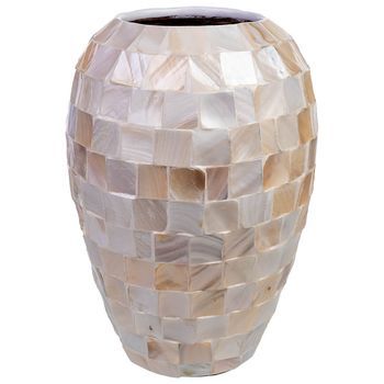 Jarrón De Madera Y Madreperla Beige D24x35h Cm