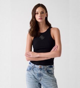 Guess para mujer. W6RP39KD092 Top de canalé negro (XS), Casual, Poliéster, Sin mangas / Tirantes