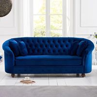 chloe chesterfield blue plush velvet three-seater sofa