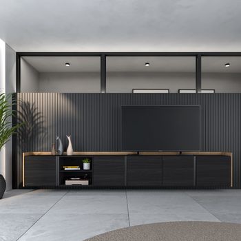 Mueble tv efecto madera negro y roble 309x35x50cm colgado