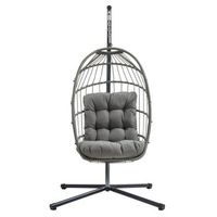 silla colgante tipo huevo ratan gris con soporte  cojin para jardin terraza