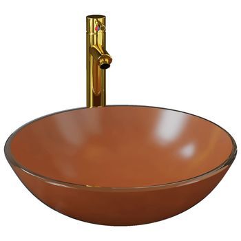 Lavabo De Baño Moderno | Lavabo Grifo Tapón Pulsador Cristal Templado Marrón