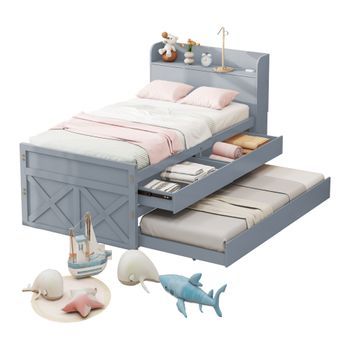 Cama Nido 90x190cm - Mesita De Noche Con Estantes Y Puerto Usb - Madera Maciza De Pino - Gris