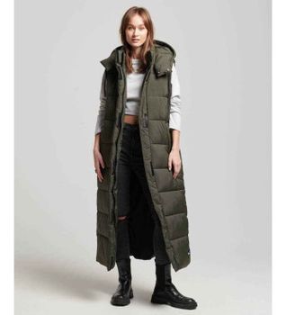Superdry para mujer. W5011644A Chaleco largo con capucha Ripstop verde (M), Casual, Poliéster Reciclado, Sostenible