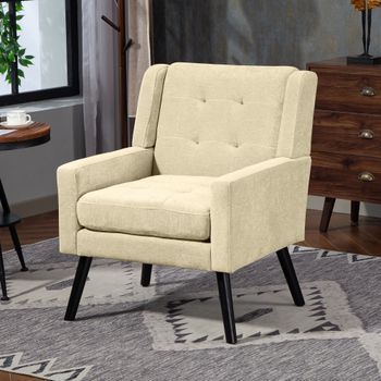 Sillón Tapizado - Mueble De Salón - Madera Maciza Y Tejido - Beige (68x76x88cm)