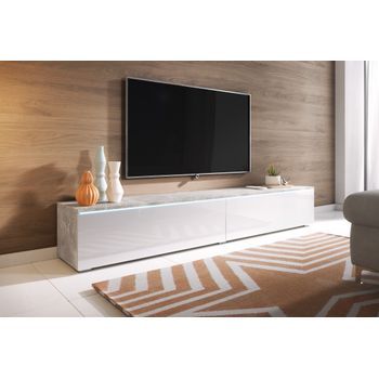 Mueble De Tv Lowboard D 180 Cm, Mueble De Televisión, Mueble De Salón, Con Iluminación Led, Color Hormigón/blanco Brillo