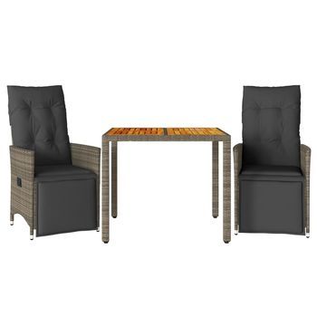 Mesita Y Sillas Jardín 3 Uds | Conjunto Mueble Jardin Y Cojines Ratán Sintético Gris