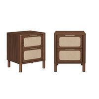 mesita de noche vintage decorada con madera y rejilla 2 cajones set