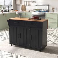 isla de cocina negra con ruedas encimera de madera maciza y mesa abatible