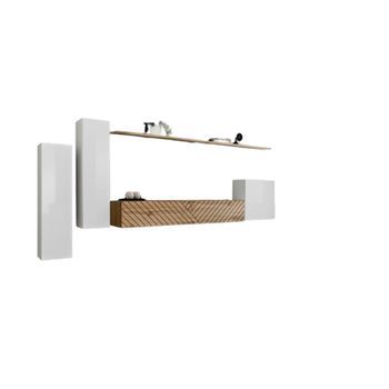 Conjunto De Muebles Para Salón Switch I – Blanco Y Roble Wotan – Acabados Efecto Roble Fresado – Diseño Moderno