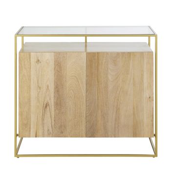 Aparador con 2 puertas de cristal templado y metal color latón 100 cm