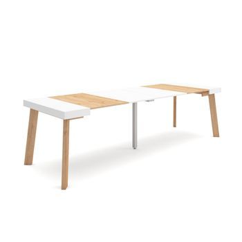 Mesa Consola Extensible, Mesa Comedor Plegable, 300, Para 14 Comensales, Patas De Madera, Estilo Moderno, Roble Y Blanco