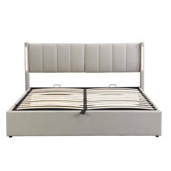 Cama Multifunción 140x200 Con Led, Usb, Cabecero Pu Ajustable Y Arcón Hidráulico