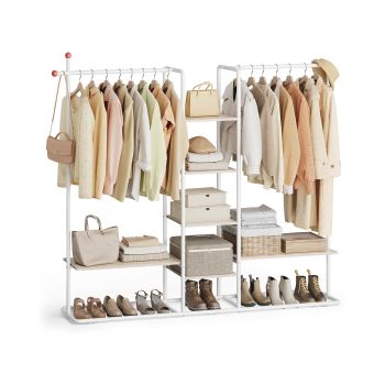 Armario abierto con múltiples estantes y barras para dormitorio, Beige Natural + Blanco Mate