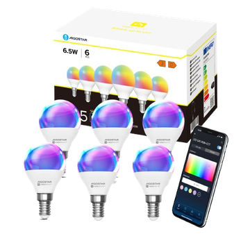Aigostar Bombilla Inteligente, Bombilla Wifi G45 E14 6.5W, Bombilla Led Inteligente RGBCW Compatible con Alexa/Google Home, No se Requiere Concentrador. Control Remoto,Control De Voz, 6 Unidads.